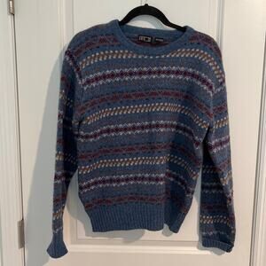 DAKS London Wool Striped Long Sleeeve Crew Neck Knit Pullover Sweater Blue M